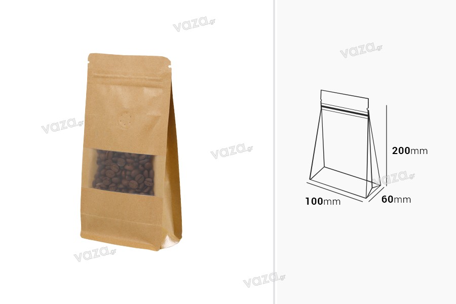 Doypack stand-up pouches kraft with a zipper, valve, window, with a transparent inside and outside layer, also heat sealable  100x60x200 mm - 25 pcs