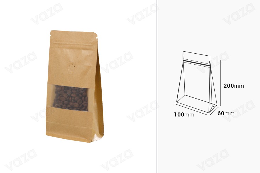 Standbodenbeutel aus Kraftpapier 100x 60x 200 mm, mit Druckverschluss, Ventil, Sichtfenster - verschließbar (durch Schweißgerät)   - 25 Stücke-bildabmessungen