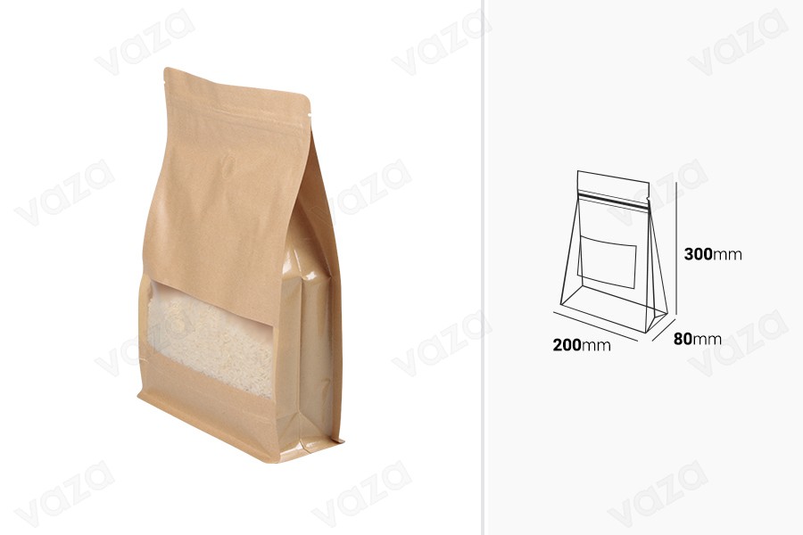 Standbodenbeutel aus Kraftpapier  200x 80x 300 mm, mit Druckverschluss, Ventil, Sichtfenster und Eurohole Loch - verschließbar (durch Schweißgerät)- 25 Stücke-εικόνα_διαστάσεις
