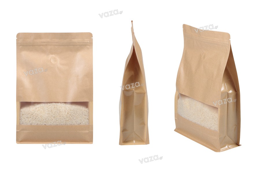 Doypack stand-up pouches kraft with a zipper, valve, window, with a transparent inside and outside layer, also heat sealable, 200x80x300 mm - 25 pcs