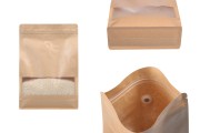 Σακουλάκια κραφτ τύπου Doy Pack, με κλείσιμο "zip", βαλβίδα και παράθυρο, εσωτερική και εξωτερική διάφανη επένδυση και δυνατότητα σφράγισης με θερμοκόλληση 200x80x300 mm - 50 τμχ