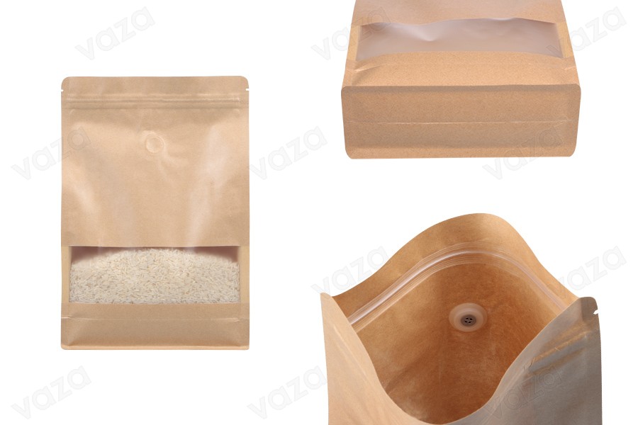 Standbodenbeutel aus Kraftpapier  200x 80x 300 mm, mit Druckverschluss, Ventil, Sichtfenster und Eurohole Loch - verschließbar (durch Schweißgerät)- 25 Stücke-εικόνα_προϊοντική