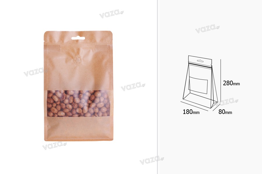 Σακουλάκια κραφτ τύπου Doy Pack, με κλείσιμο "zip", βαλβίδα, παράθυρο και τρύπα Eurohole, εσωτερική και εξωτερική διάφανη επένδυση και δυνατότητα σφράγισης με θερμοκόλληση 180x80x280 mm - 25 τμχ