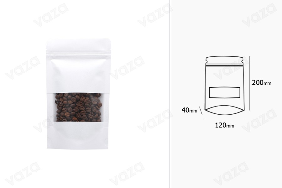 Sachets en papier kraft de type Doypack  120 x 40 x 200 m, avec fermeture zip, fenêtre et possibilité de scellage de thermoscellagem - 100 pcs-εικόνα_διαστάσεις