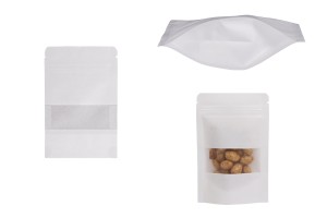 Kraftbeutel vom Typ Doy Pack in weißer Farbe, mit Reißverschluss, Fenster und Versiegelung mit Heißsiegelung 900x30x140mm - 100 Stück-1