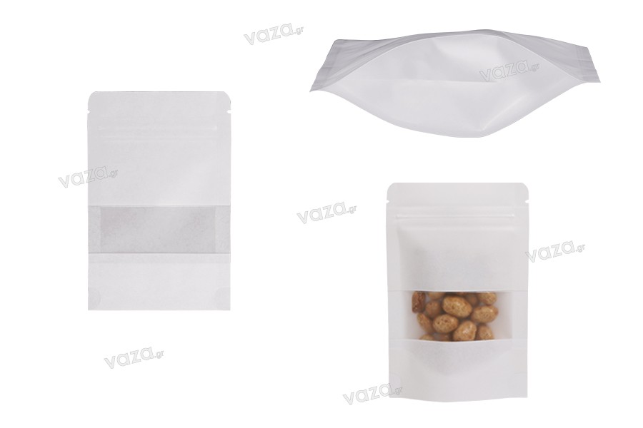Sachets en papier kraft de type Doypack de couleur blanc, avec fermeture zip, fenêtre et capacité de scellage par thermoscellage 900 x 30 x 140 mm - 50 pcs