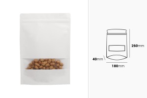 Kraftbeutel vom Typ Doy Pack in weißer Farbe, mit Reißverschluss, Fenster und der Möglichkeit zum Versiegeln mit Heißsiegelung 180x40x260mm - 50 Stück-2