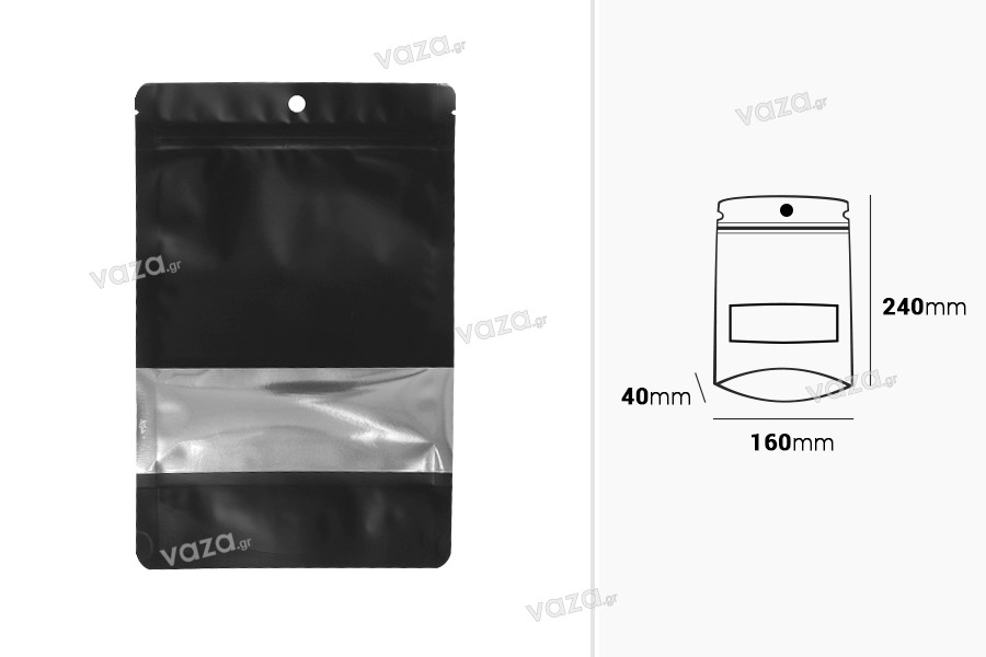 Sachets en aluminium de type Doypack, avec fermeture zip, fenêtre et possibilité de thermoscellage 160 x 40 x 240 mm - 100 pcs