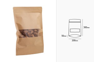 Standbodenbeutel Kraftpapier, Doy-Pack mit Sichtfenster, Druckverschluss und innere und äußere transparente Auskleidung, 200x50x300mm -100 Stücke-4