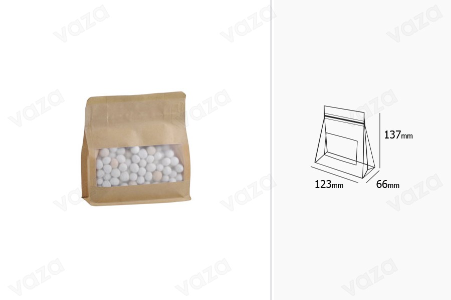 Standbodenbeutel aus Kraftpapier, Doy Pack  137x 66 x123mm, verschließbar durch Schweißgerät, mit Druckverschluss, Sichtfenster, innere und äußere transparente Auskleidung-εικόνα_σύνθεση