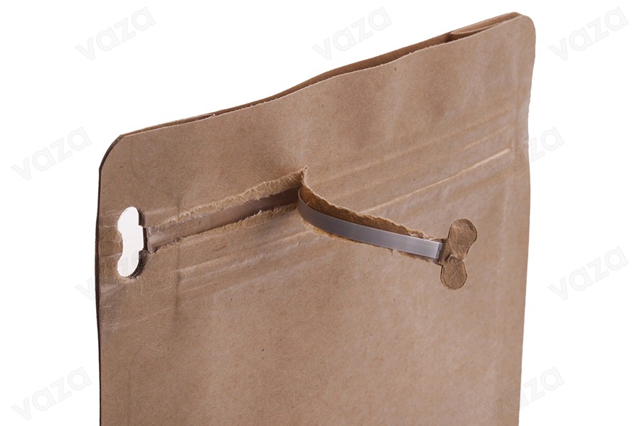 Standbodenbeutel aus Kraftpapier, Doy Pack  137x 66 x123mm, verschließbar durch Schweißgerät, mit Druckverschluss, Sichtfenster, innere und äußere transparente Auskleidung-εικόνα_σύνθεση