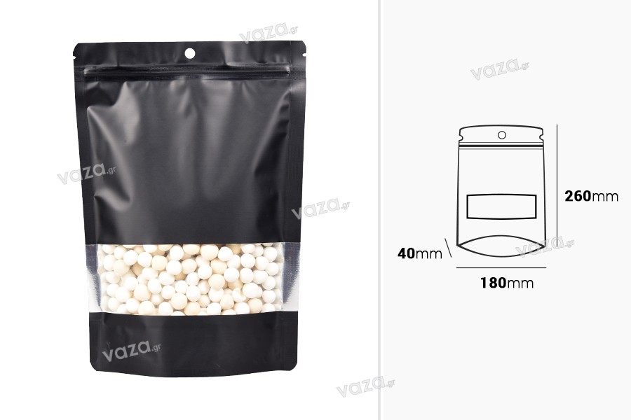 Σακουλάκια αλουμινίου τύπου Doy Pack 180x40x260 mm με κλείσιμο "zip", παράθυρο και δυνατότητα σφράγισης με θερμοκόλληση - 100 τμχ