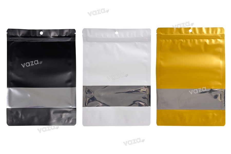 Σακουλάκια αλουμινίου τύπου Doy Pack 180x40x260 mm με κλείσιμο "zip", παράθυρο και δυνατότητα σφράγισης με θερμοκόλληση - 100 τμχ