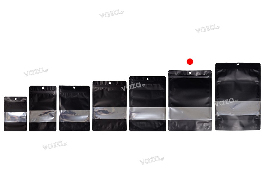 Σακουλάκια αλουμινίου τύπου Doy Pack 180x40x260 mm με κλείσιμο "zip", παράθυρο και δυνατότητα σφράγισης με θερμοκόλληση - 100 τμχ