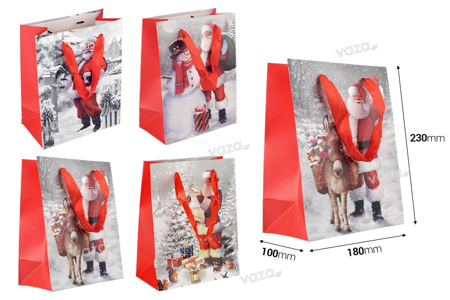 Χριστουγεννιάτικη χάρτινη τσάντα δώρου 180x100x230 mm με κορδέλα για χερούλι - 12 τμχ