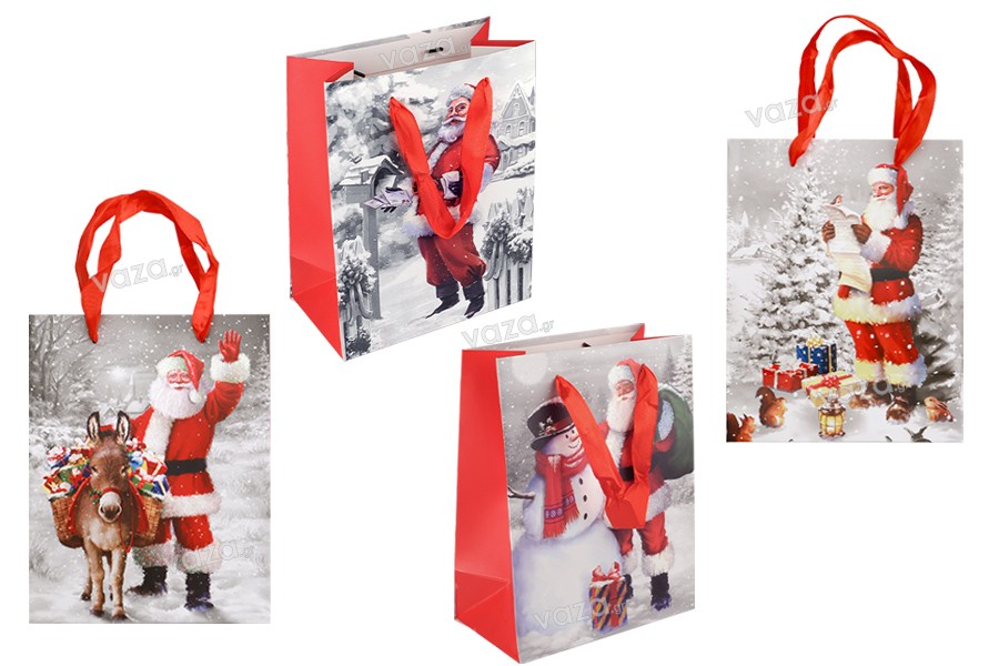 Christmas paper gift bag with ribbon handle in size 180x100x230 mm - 12 pcs