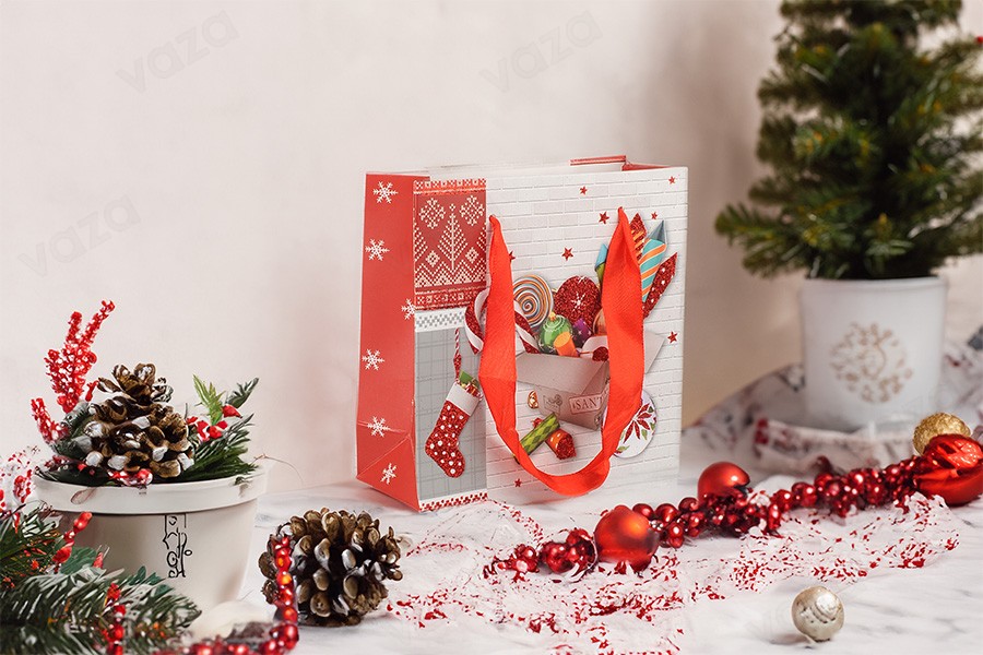 Sac Cadeau de Noël en Papier 145x57x142mm avec Ruban pour Poignée - 12pcs Sac Cadeau de Noël en Papier 145x57x142mm avec Ruban pour Poignée - 12pcs-photo_groupe