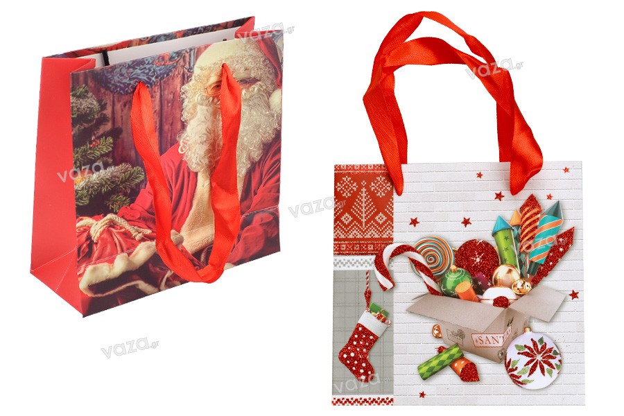 Christmas Paper Gift Bag 145x57x142mm with Ribbon for Handle - 12pcs