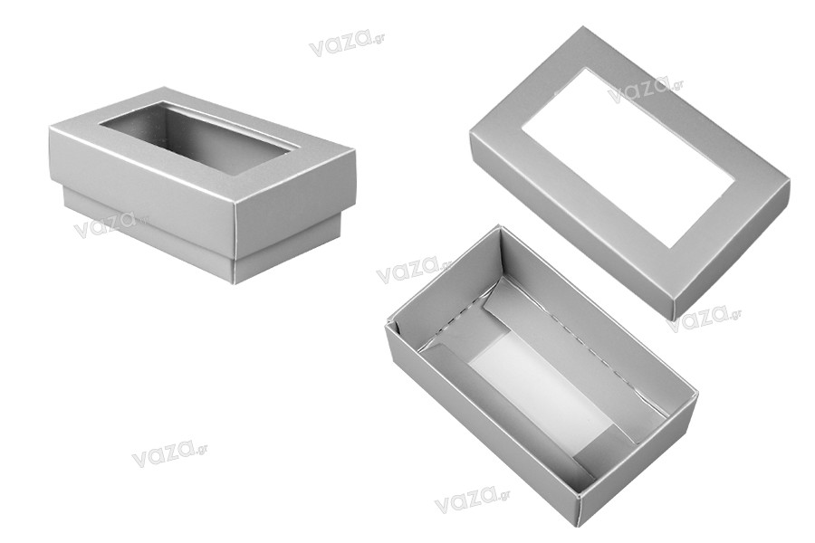 Paper gift box 81x50x28 mm in silver color with window - 50 pcs