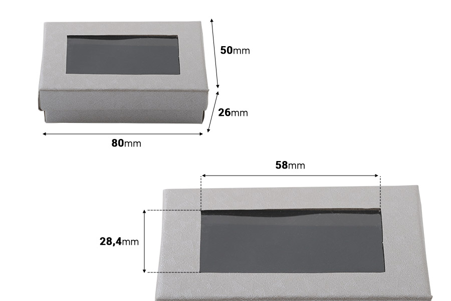 Petite boîte cadeau aux dimensions 80 x 50 x 26 en papier, argenté avec fenêtre et joint en mousse - 24 pcs Petite boîte cadeau aux dimensions 80 x 50 x 26 en papier, argenté avec fenêtre et joint en mousse - 24 pcs