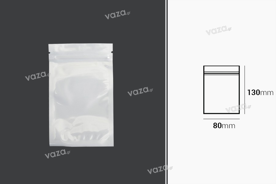 Sachets en plastique 80 x 130 mm avec fermeture éclair, dos blanc et face transparente - 100 pcs