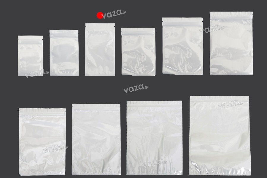 Sachets en plastique 90 x 160 mm avec fermeture éclair, dos blanc et face transparente - 100 pcs