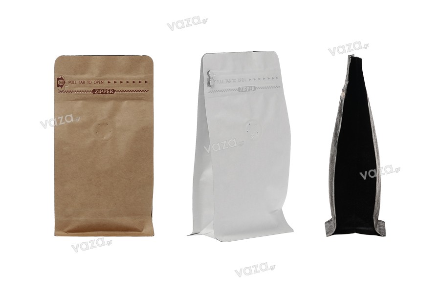 Aluminum Doypack stand-up pouch of kraft paper with valve, a sealing strip and a zipper to open the pouch, heat sealable closure, ideal for the packaging of ground coffee, 95x55x185 mm - 25 pcs