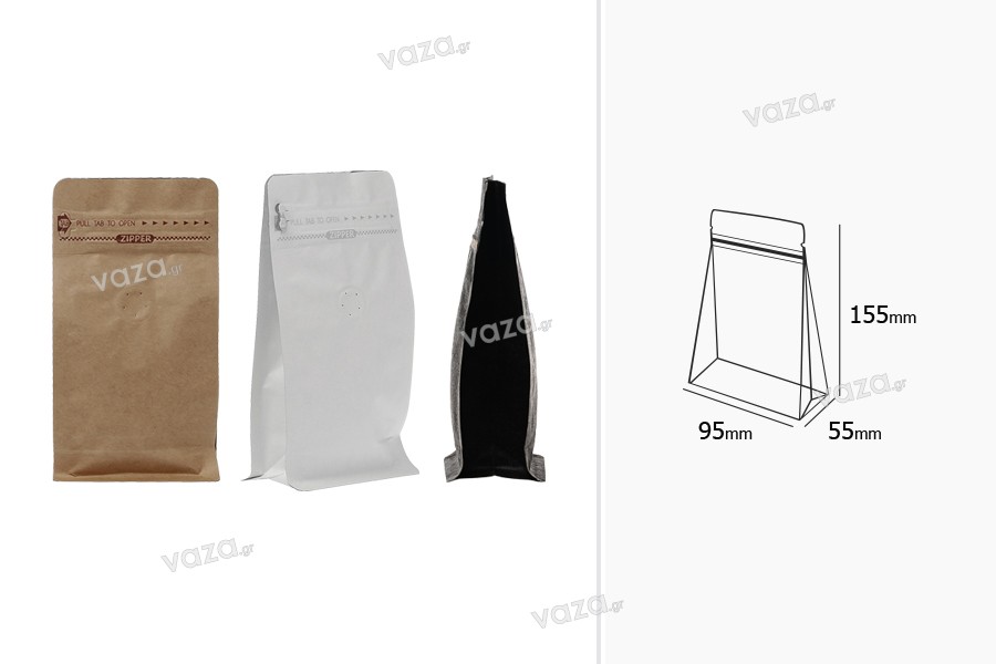 Σακουλάκια αλουμινίου τύπου Doy Pack με βαλβίδα, εξωτερική χάρτινη επένδυση κραφτ, κλείσιμο με θερμοκόλληση, άνοιγμα με ταινία ασφαλείας και χρήση του zipper, ιδανικά για σκόνη καφέ 95x55x185 mm - 25 τμχ