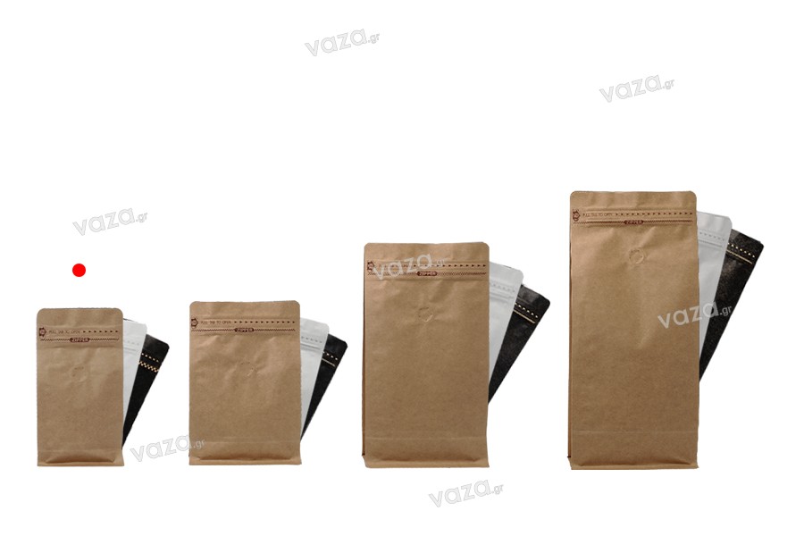 Σακουλάκια αλουμινίου τύπου Doy Pack με βαλβίδα, εξωτερική χάρτινη επένδυση κραφτ, κλείσιμο με θερμοκόλληση, άνοιγμα με ταινία ασφαλείας και χρήση του zipper, ιδανικά για σκόνη καφέ 95x55x185 mm - 25 τμχ