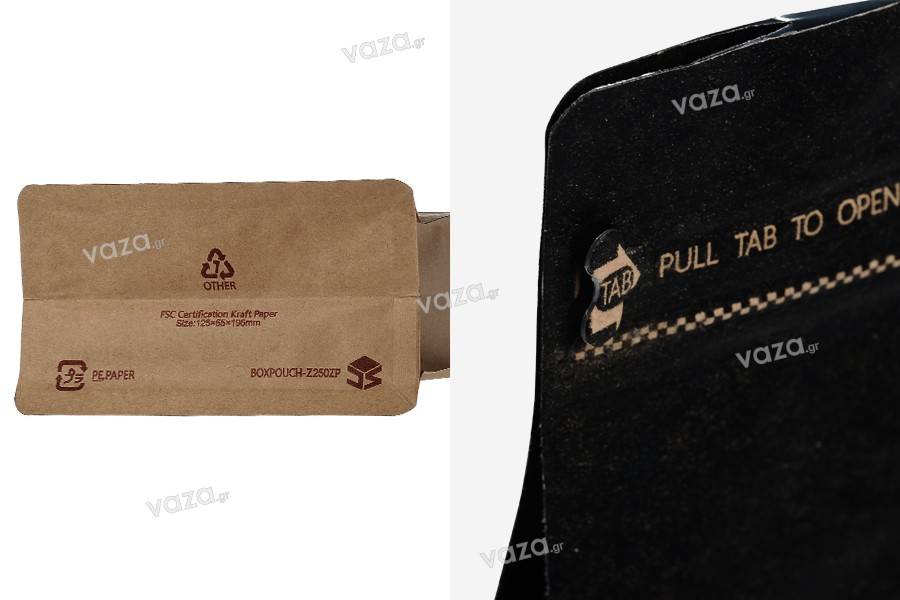 Aluminum Doypack stand-up pouch of kraft paper with valve, a sealing strip and a zipper to open the pouch, heat sealable closure, ideal for the packaging of ground coffee, 125x65x195 mm - 25 pcs