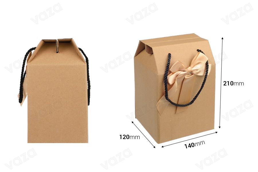 Gift box - bag 140x120x210mm eco-friendly kraft paper with bow and handle - 12 pcs-εικόνα_διαστάσεις