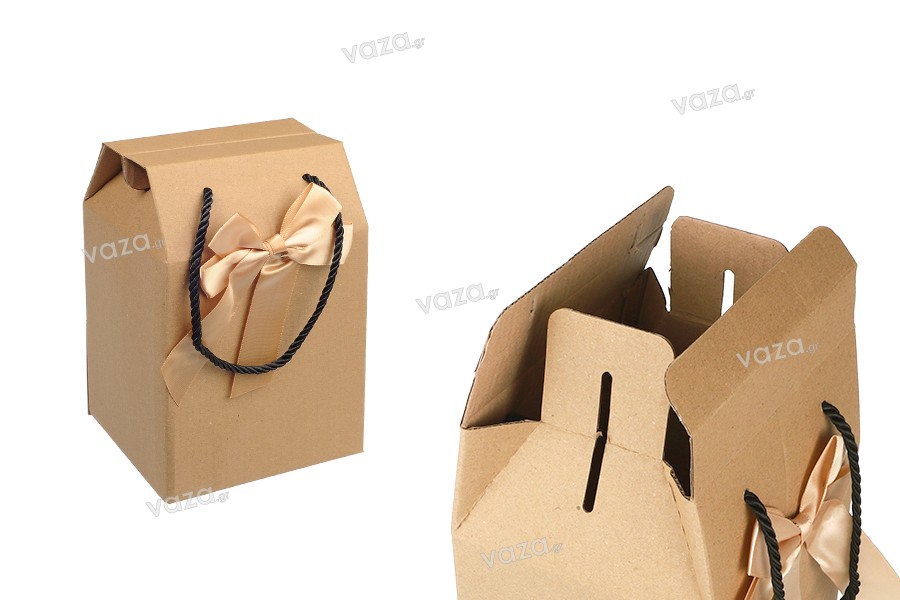 Κουτί - τσαντάκι δώρου 140x120x210 mm χάρτινο οικολογικό κραφτ με φιόγκο και χερούλι - 12 τμχ