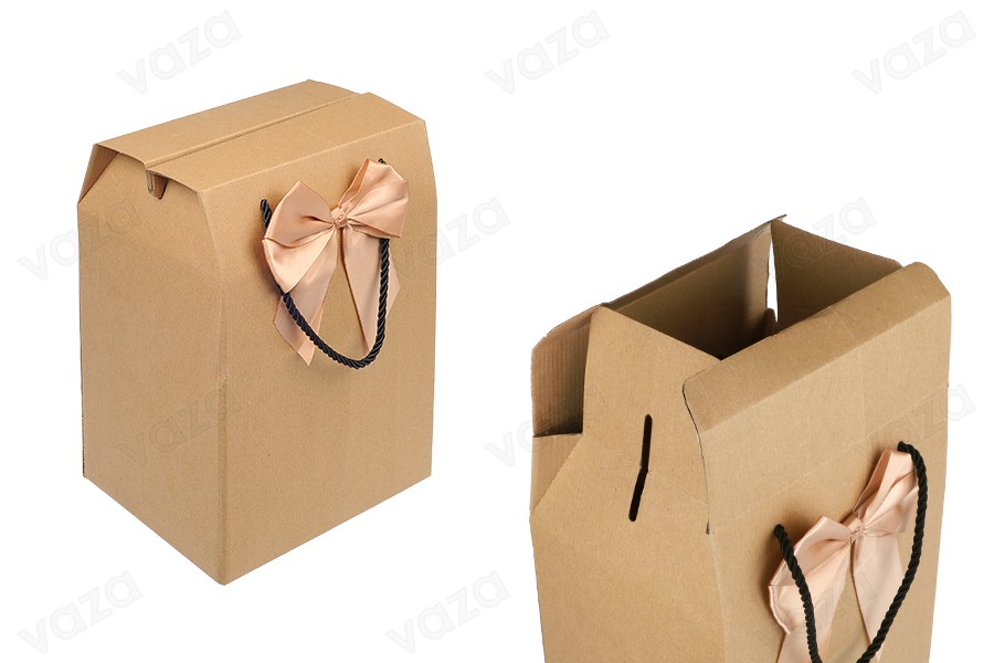 Gift box - bag 185x145x275mm eco-friendly kraft paper with bow and handle - 12 pcs-produktbild