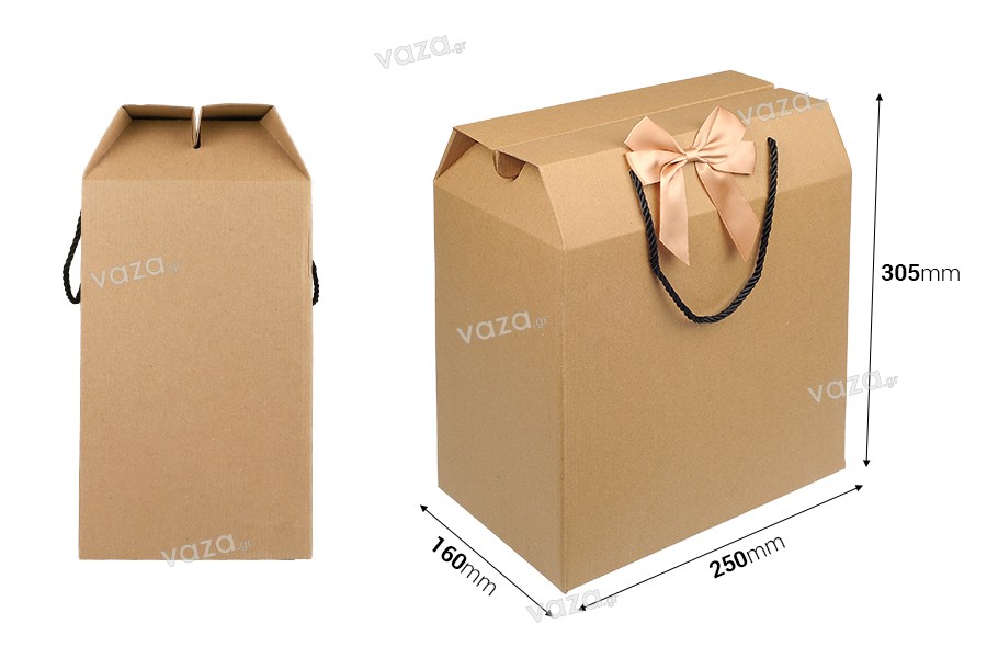 Gift box - bag 250x160x305 mm eco-friendly kraft paper with bow and handle - 12 pcs