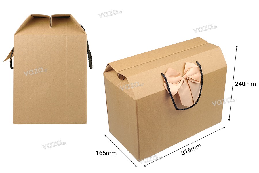 Κουτί - τσαντάκι δώρου 315x165x240 mm χάρτινο οικολογικό κραφτ με φιόγκο και χερούλι - 12 τμχ