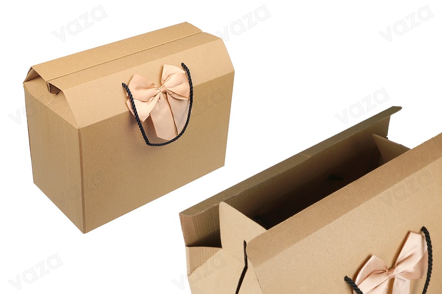 Gift box - bag 315x165x240mm eco-friendly kraft paper with bow and handle - 12 pcs-εικόνα_προϊοντική