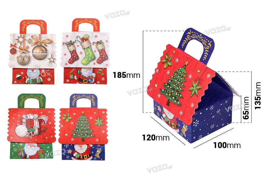 Χριστουγεννιάτικο χάρτινο κουτί δώρου με χερούλι 120x100x135 mm - 12 τμχ