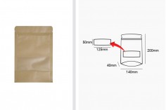 Σακουλάκια κραφτ τύπου Doy Pack, με κλείσιμο "zip" και παράθυρο, εσωτερική και εξωτερική διάφανη επένδυση και δυνατότητα σφράγισης με θερμοκόλληση 140x40x200 mm - 100 τμχ