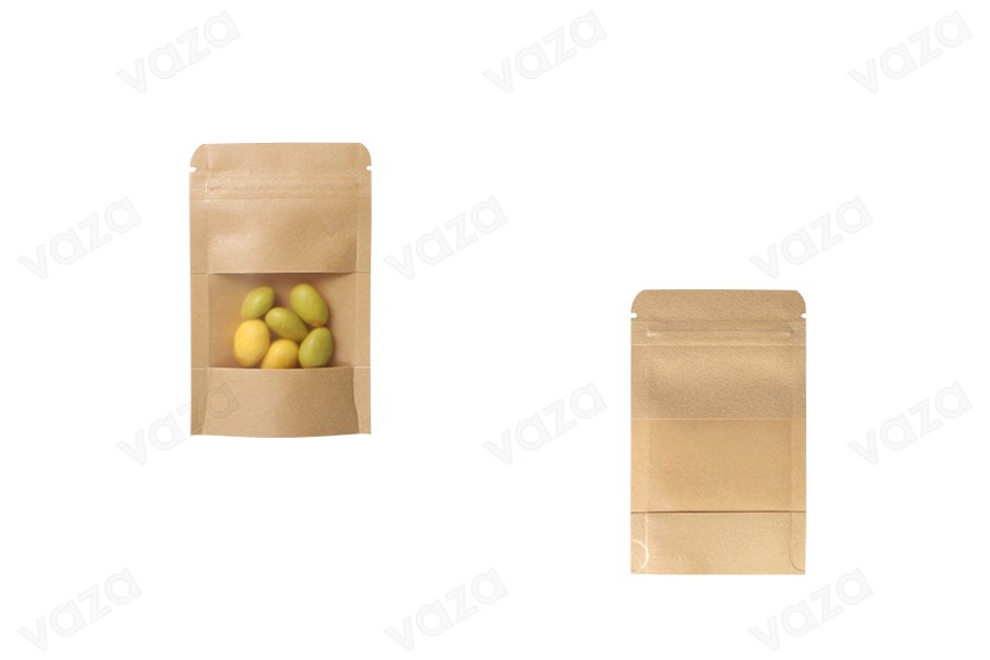 Kraftbeutel vom Typ Doy Pack 80x30x130 mm, mit Reißverschlussund Fenster, Innen- und Außenfutter transparent und Möglichkeit zum Versiegeln mit Heißsiegelung - 100 Stück Kraftbeutel vom Typ Doy Pack 80x30x130 mm, mit Reißverschlussund Fenster, Innen- und Außenfutter transparent und Möglichkeit zum Versiegeln mit Heißsiegelung - 100 Stück-εικόνα_σύνθεση