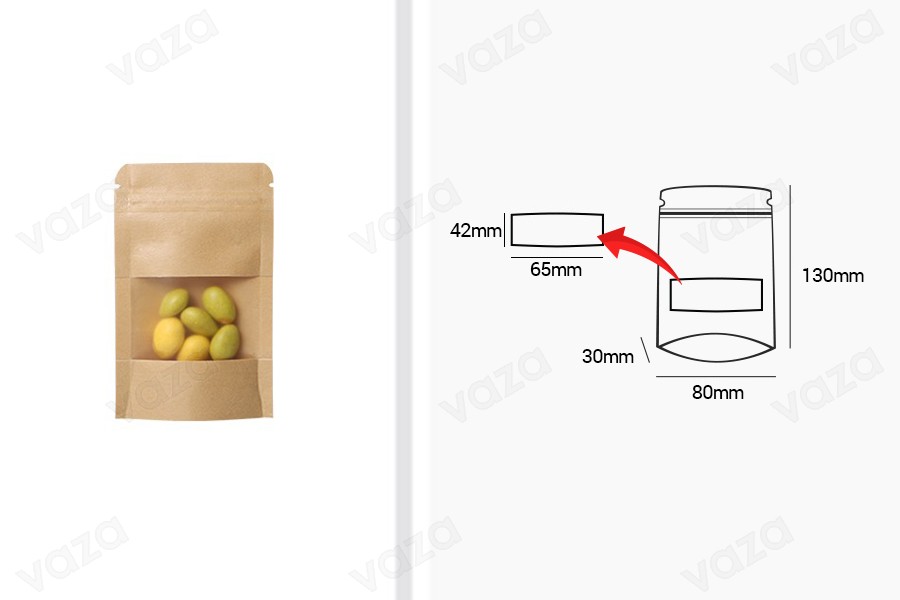 Kraftbeutel vom Typ Doy Pack 80x30x130 mm, mit Reißverschlussund Fenster, Innen- und Außenfutter transparent und Möglichkeit zum Versiegeln mit Heißsiegelung - 100 Stück Kraftbeutel vom Typ Doy Pack 80x30x130 mm, mit Reißverschlussund Fenster, Innen- und Außenfutter transparent und Möglichkeit zum Versiegeln mit Heißsiegelung - 100 Stück-εικόνα_διαστάσεις