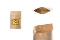 Kraftbeutel vom Typ Doy Pack, mit Reißverschlussund Fenster, Innen- und Außenfutter transparent und Möglichkeit zum Versiegeln mit Heißsiegelung 80x30x130 mm - 100 Stück