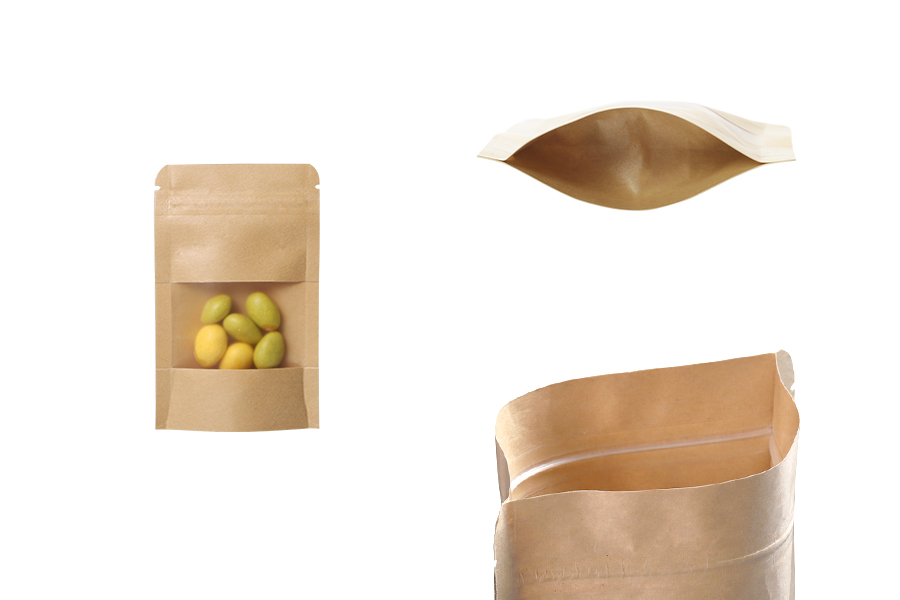 Kraftbeutel vom Typ Doy Pack, mit Reißverschlussund Fenster, Innen- und Außenfutter transparent und Möglichkeit zum Versiegeln mit Heißsiegelung 80x30x130 mm - 100 Stück
