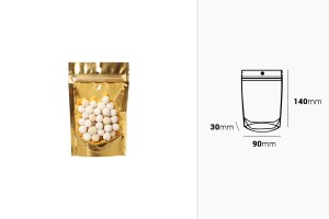 Aluminum Doypack stand-up pouch with zipper, golden back and transparent front side, heat sealable, 90x30x140 mm - 100 pcs-image_dimensions