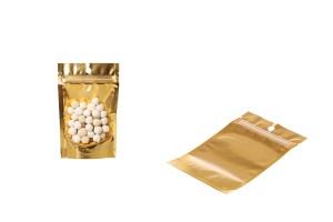 Aluminum Doypack stand-up pouch with zipper, golden back and transparent front side, heat sealable, 90x30x140 mm - 100 pcs-image_group