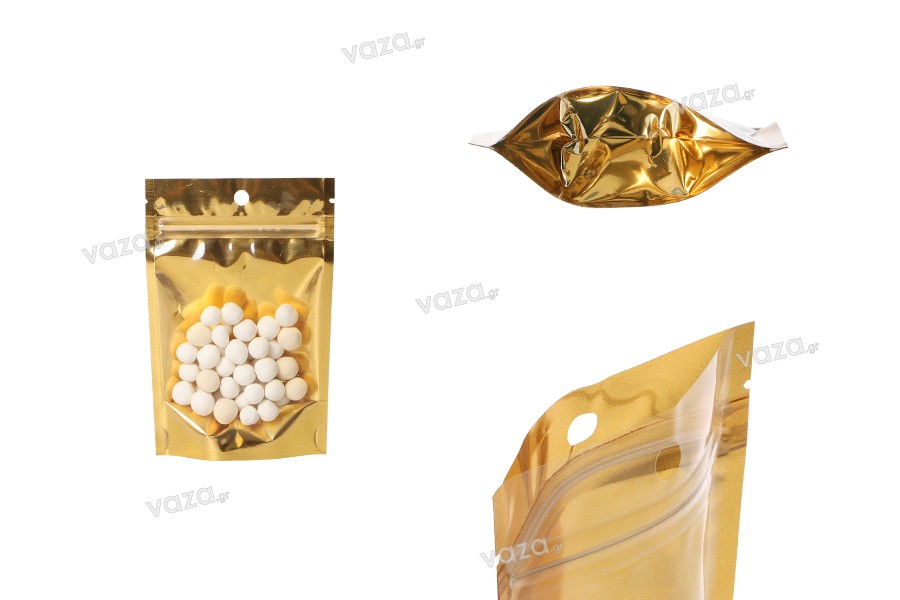 Aluminum Doypack stand-up pouch with zipper, golden back and transparent front side, heat sealable, 100x30x150 mm - 100 pcs