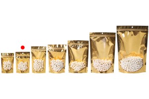 Doy Pack Beutel 100x30x150mm Aluminium mit goldener Rückseite, transparente Vorderseite mit Reißverschluss und Siegelfunktion mit Heißsiegelung - 100 Stück-bildgruppe