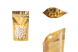 Sachets de type Doypack 100 x 30 x 180 mm en aluminium avec dos doré, fenêtre transparente avec fermeture zip et capacité de scellage avec thermoscellage - 100 pcs-εικόνα_προϊοντική