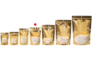 Sachets de type Doypack 130 x 40 x 250 mm en aluminium avec dos doré, fenêtre transparente avec fermeture zip et capacité de scellage avec thermoscellage - 100 pcs-εικόνα_σύνθεση