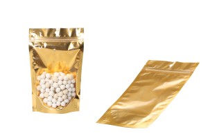 Sachets de type Doypack 130 x 40 x 250 mm en aluminium avec dos doré, fenêtre transparente avec fermeture zip et capacité de scellage avec thermoscellage - 100 pcs-εικόνα_σύνθεση