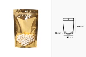 Doy Pack-Säcke 150x40x230mm Aluminium mit goldener Rückseite, transparenter Vorderseite mit "Reißverschluss" und der Möglichkeit zum Versiegeln mit Heißsiegeln - 100 Stück-εικόνα_διαστάσεις